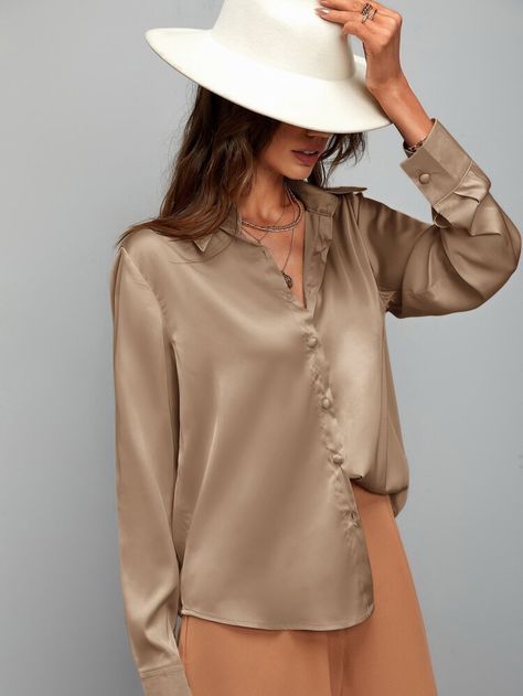 Pijama Satin, Satin Bluse, Satin Long Sleeve, Plain Shirt, Satin Shirt, Women Long Sleeve Tops, Button Cardigan, Women Blouses, Satin Blouse