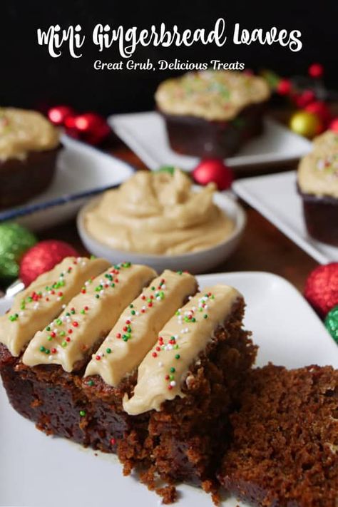 Mini Gingerbread Loaves Easy Gingerbread Mini Loaves, Ginger Bread Mini Loaves, Great Grub Delicious Treats, Mini Christmas Breads For Gifts, Christmas Mini Loaves For Gifts, Mini Loaf Breads For Christmas, Recipes For Mini Loaf Pans, Mini Christmas Loaves, Gingerbread Mini Loaves