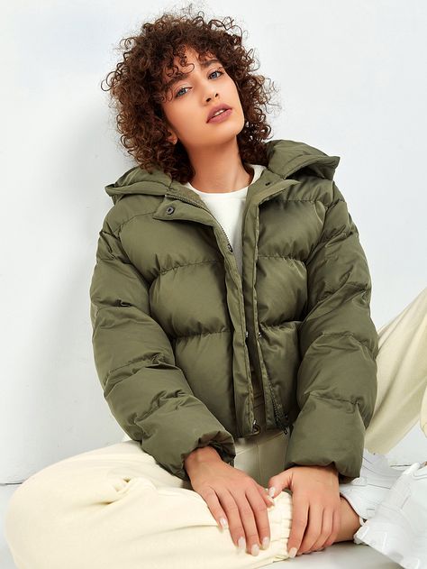 Olive Green Casual  Long Sleeve Polyester Plain Puffer  Non-Stretch Winter Women Outerwear Olive Puffer Jacket Outfit, Olive Green Puffer Jacket Outfit, Green Puffer Jacket Outfit, Puffer Jacket Outfit Women, Olive Green Winter Jacket, Green Winter Jacket, Outfit Uni, Puffer Outfit, Oversized Puffer Coat