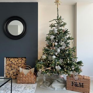 Charlie of @hollybushhome is celebrating Christmas with our redesigned Nordmann Fir Flip Tree. This technology makes assembly quicker and more convenient. #BalsamHillUK #ChristmasDecor #ChristmasTree #ChristmasIdeas #ChristmasStocking #ChristmasDesign #HomeDecor #Interior #InteriorDesign #Home #Design #Fall #Autumn #Inspiration #Wreath #Garland #UK #Ireland Gray Fireplace, Christmas Tree Skirt Ideas, Tree Skirt Ideas, Excited For Christmas, Hallway Colours, Dark Paint, Skirt Ideas, Wreath Garland, Scenic Wallpaper