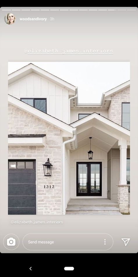 White And Stone Exterior House, Tan Rock House Exterior, White Siding White Brick, White Hardie Board House Exterior Design, White Brick House With Siding, Limestone And Siding Exterior, Tan And White House Exterior, Stone And Hardie Board Exterior, Brick With White Siding