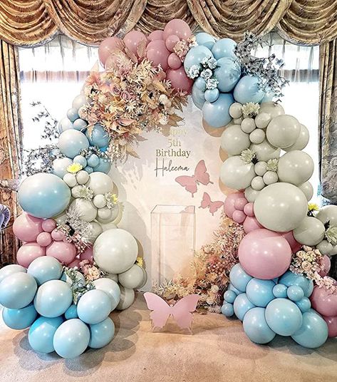 Dusty Blue And Pink Balloon Garland, Pink Blue Green Balloon Arch, Pink Blue White Balloon Garland, Pink White And Blue Party Decorations, Blue And Pink Baby Shower Ideas, Teal Baby Shower Ideas, Rose Balloon Arch, Pink And Blue Baby Shower Ideas, Pink And Blue Balloon Arch