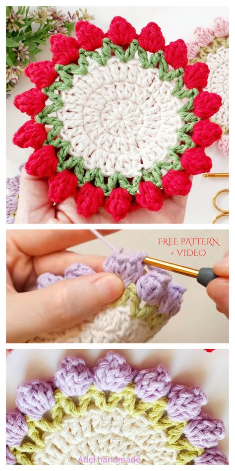 Tulip Coaster Free Crochet Patterns + Video - DIY Magazine Tulip Coaster Crochet Pattern Free, Crochet Tea Coaster Free Pattern, Free Crochet Flower Coaster Patterns, Crochet Flower Coasters In Pot, Crocheted Flower Coasters, Flower Pot Coaster Crochet Pattern Free, Crochet Tulip Coaster, Tulip Pattern Crochet, Crochet Tea Coaster