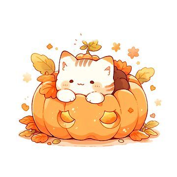 "Cute Kawaii Happy Halloween Kitty Cat in a Jack-o-Lantern Pumpkin" Sticker for Sale by CozyKawaiiArt | Redbubble Pumpkin Images Fall, Cat Pumpkin Drawing, Holiday Pfp, Lunchbox Cards, Grumpy Kitty, Lantern Drawing, Kawaii Pumpkin, Drawing Space, Blushing Anime