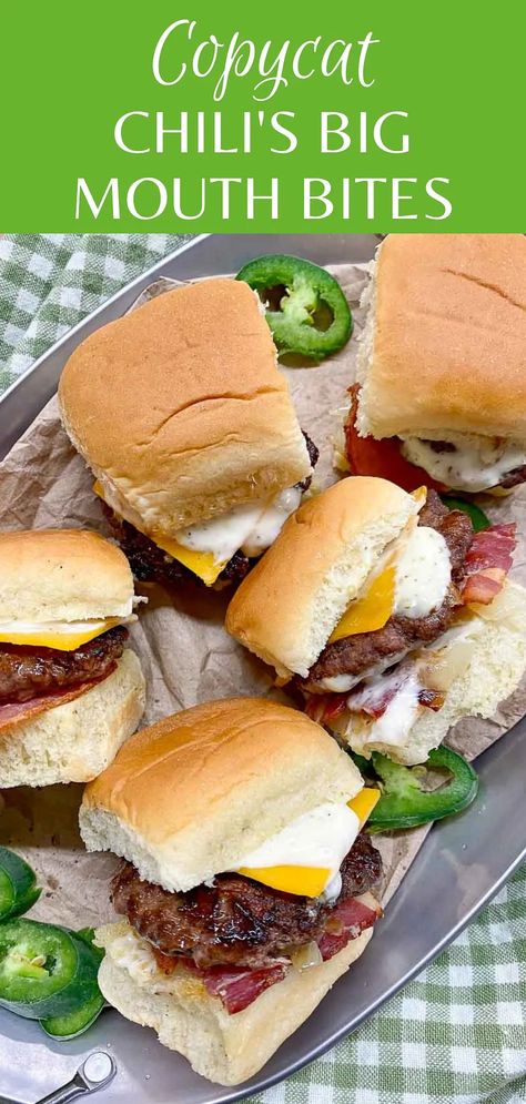 Chilis Copycat Sliders, Chili Sliders Recipe, Big Mouth Bites Chilis, Chilis Big Mouth Burger Bites Recipe, Chilis Big Mouth Burger Bites, Burger Bites Appetizers, Chili Sliders, Copycat Appetizers, Chilis Restaurant Recipes