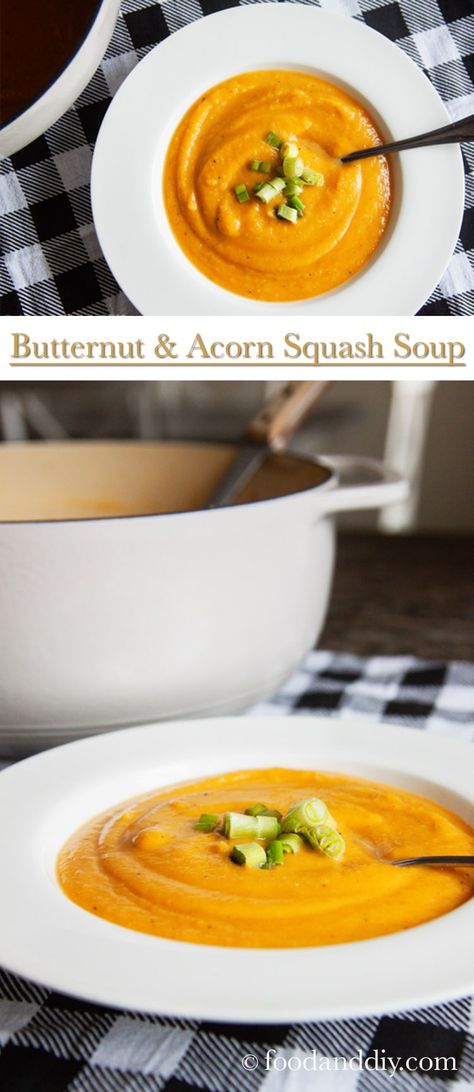 Butternut and Acorn Squash Soup is so smooth and creamy you can almost drink it! This soup keep very well in the fridge making if great for a packable lunch! #meatless #soup #recipe Meatless Soup, Acorn Squash Soup, Packable Lunch, Butternut Squash Bisque, Butternut Soup, Acorn Squash Recipes, Chicken And Butternut Squash, Butternut Squash Recipes Soup, Fall Dinner Recipes