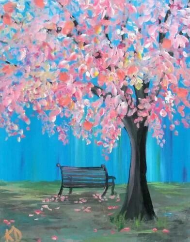 . Bench Art Painting, Pink Trees Painting, Park Bench Painting, Wisteria Tree Painting, Park Bench Drawing, Pink Tree Painting, Park Painting, Kraf Kertas, Wisteria Tree