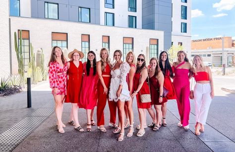 Red Theme Party Outfit, Pink And Red Hens Theme, Perfect Match Bachelorette Outfit, Lucky In Love Bachelorette Party Outfits, Red Bachelorette Outfit, Drunk In Love Bachelorette Outfits, Red Bachelorette Theme, Red And Pink Bachelorette Party, Fiery Outfits