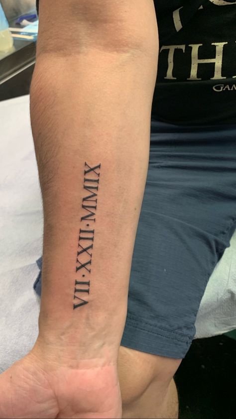 Mens Date Tattoo, Birthdate Tattoo Ideas For Men, Roman Numeral Tattoo Men Forearm, Roman Numeral Tattoo Men, Owen Tattoo, Birth Date Tattoo, Roman Numeral Date Tattoo, Small Tattoos For Guys Arm, Turkey Tattoo