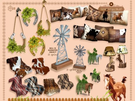 The Sims Resource - Champion Ranch Decor(Patreon) Sims4 Furniture, Ranch Furniture, Modern Ranch House, Sims 4 Kitchen, Horses Wall Decor, Free Sims, Ranch Decor, Casas The Sims 4, Sims 4 Cc Packs