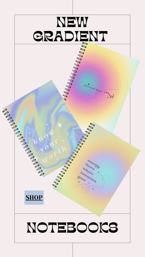 Check out new aesthetic gradient designs available on notebooks and stickers Gradient Book Cover, Gen Z Wall Art, Agenda Cover Design, Notebook Design Ideas Cover, Agendas Aesthetic, Graphic Design Notebook, Calendar Cover Design, Aesthetic Notebook Cover Design, Aesthetic Notebook Cover