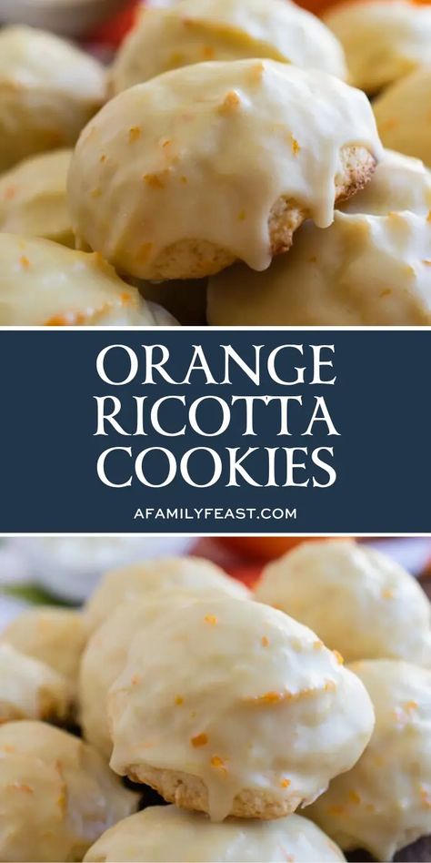 All Recipes Ricotta Cookies, Orange Treats Desserts, Italian Baking Desserts, Soft Cake Cookies, Best Ricotta Cookies, Ricatto Cheese Cookies, Orange Cookies Recipes Christmas, Italian Ricotta Cookies Recipe, Almond Ricotta Cookies