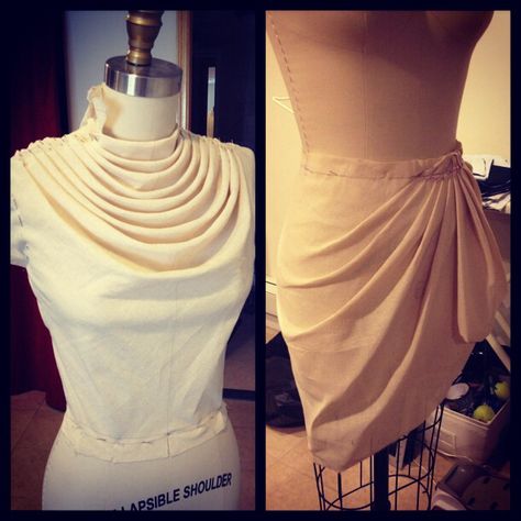 Draping a cowl on the bias, and draping a sarong skirt. Fun! #muslin #fashion #fashiondesign #madeinnyc www.facebook.com/jenestefaniakfashion www.jenestefaniak.com Muslin Draping Fashion Design, Cowl Skirt Draping, Creative Draping Fashion, Drapping Dress Ideas, Cowl Draping, Draping Fashion Design, Denim Fashion Illustration, 3d Draping, Draping Pattern