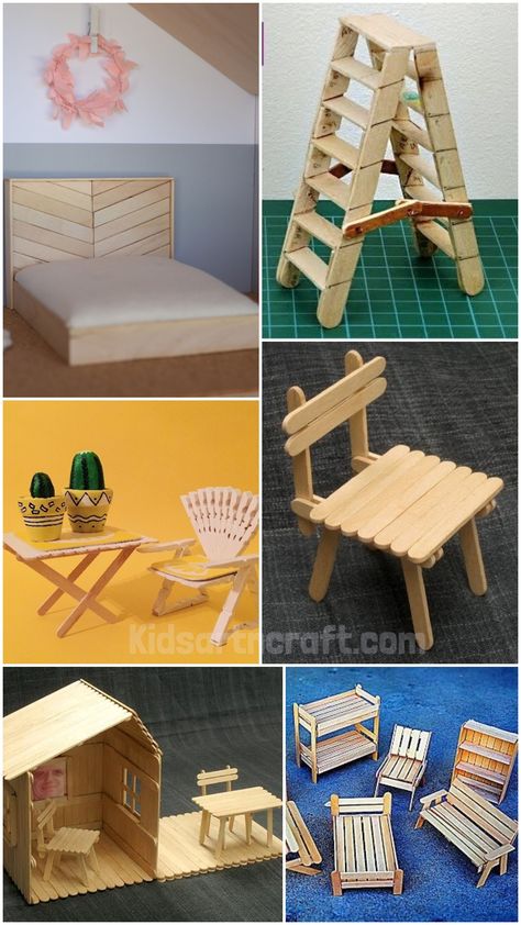 DIY Popsicle Stick Furniture Craft Tutorial - Kids Art & Craft Thing To Make Out Of Popsicle Sticks, Lolly Stick Craft Ideas, Small Popsicle Stick Crafts, Things You Can Make Out Of Popsicle Sticks, Popsicle Stick Houses Easy Step By Step, Popsicle Stick Barbie Furniture, Popsicle Sticks House Design, Popsicle Furniture Diy, Diy Craft Sticks Ideas