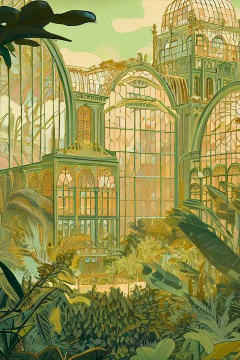 Victorian Greenhouse Illustration, Arts And Crafts Movement Aesthetic, Victorian Greenhouse Conservatory, Imaginary Architecture, Greenhouse Art, Vintage Greenhouse, Victorian Greenhouse, Large Greenhouse, Anatomy Sculpture