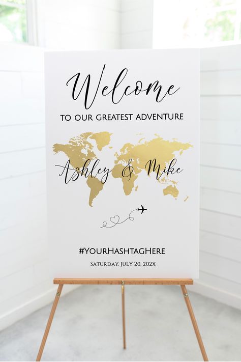 Gold World Map Wedding Welcome Sign, Travel Theme Welcome Sign Template, Wedding Welcome Sign Template, Editable Welcome Sign, TT1 - Etsy World Travel Wedding Theme, Travel The World Wedding Theme, Met Online Wedding Theme, Travel Inspired Wedding Decoration, Travel Wedding Centerpieces, Travel Wedding Decor, Where In The World Are You Sitting, Travel Wedding Theme Ideas, Travel Wedding Ideas