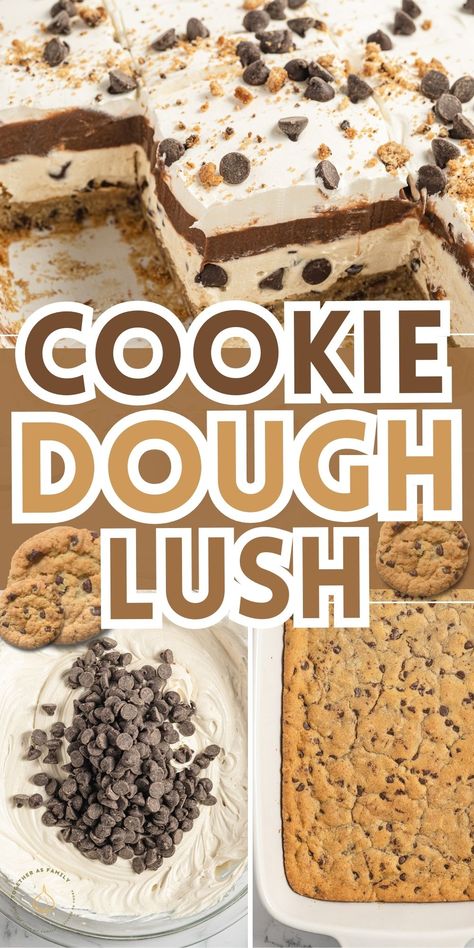 This layered Chocolate Chip Cookie Dough Lush dessert (also called a delight dessert) has 4 layers of chocolate chip cookie dough goodness! A chocolate chip cookie dough crust, topped with a no bake cookie dough cheesecake filling, chocolate pudding, and finished off with whipped cream and chopped chocolate chip cookies. Cookie Dough Sandwich, Cookie Based Desserts, Cookie Dough Lush, Chocolate Chip Cookie Trifle, Chocolate Chip Cookie Pudding Dessert, Chocolate Cookie Desserts, Cookie Dough Mousse, Easy Cookie Desserts, Chocolate Chip Cookie Layer Cake