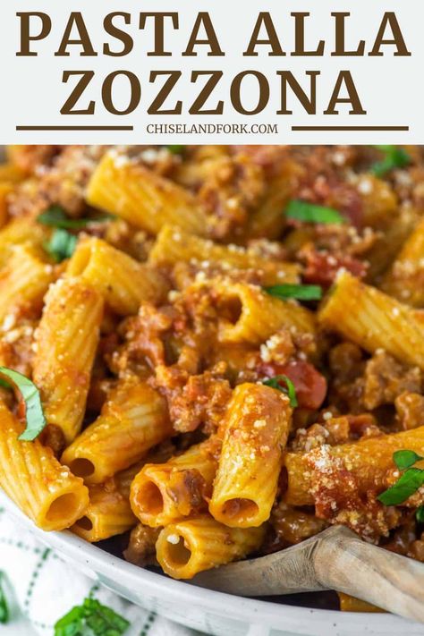 A mash-up of three famous pasta dishes, amatriciana, cacio e pepe and carbonara, this pasta alla zozzona is an eruption of flavor. #pastaallazozzona #pasta #rigatoni | chiselandfork.com Pasta Rigatoni, Gourmet Pasta, Italian Chicken Recipes, Italian Pasta Dishes, Mild Italian Sausage, Italian Pasta Recipes, Best Pasta Recipes, Pasta Dinners, Pasta Dinner Recipes