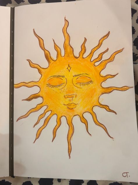 Sun Crayon Drawing, Sunny Painting Ideas, Drawing A Sun, Sun God Drawing, How To Draw A Sun, Trippy Sun Drawing, Sun With Face Drawing, Sun Drawing Aesthetic, Aesthetic Sun Drawing