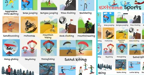 58shares Extreme sports are recreational activities perceived as involving a high degree of risk. These activities often involve speed, height, … List Of Sports, Vocabulary In English, Writing Mini Lessons, Base Jump, Learning English For Kids, English Vocab, Kids English, Vocabulary List, English Activities