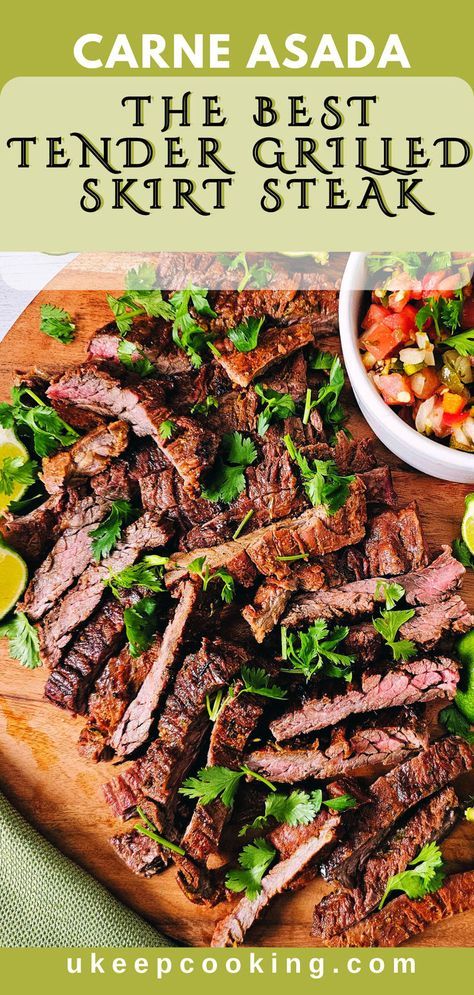 Fire up the grill for Carne Asada - The Best Tender Grilled Skirt Steak! Marinated to perfection and cooked on a gas grill, this juicy steak is perfect for tacos or adding to your favorite salad. Whether you're hosting a summer BBQ or just craving a flavorful meal, this recipe brings the authentic taste of carne asada right to your table. Don't miss out on this mouthwatering dish! What To Do With Skirt Steak, Marinade For Skirt Steak Grilling, Carne Asada Marinade Authentic Mexican, Grilled Carne Asada, Carne Asada Grilled, Skirt Steak Fajitas, Steak Marinated, Skirt Steak Tacos, Marinated Skirt Steak