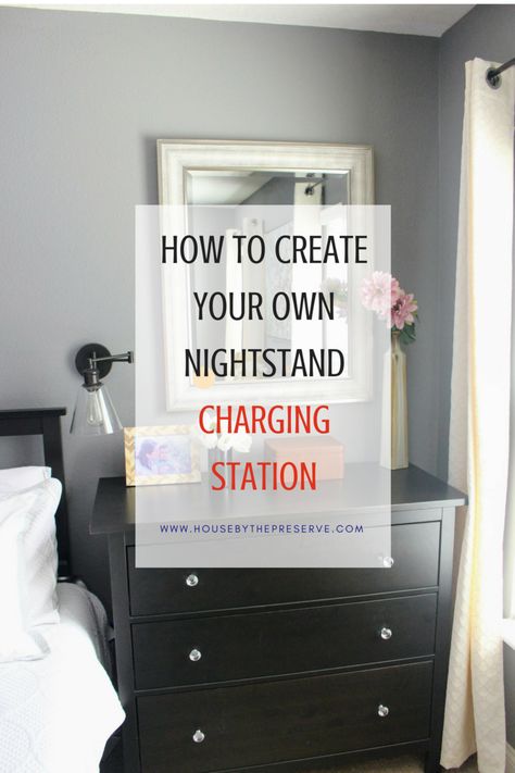 DIY Nightstand Charging Station Dresser Nightstand Ideas, Charger Organization, Nightstand Charging, Charging Station Ideas, Modern Homemaking, Nightstand Charging Station, Nightstand Ideas, Bedroom Organizing, Dresser Nightstand