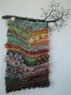 Check out this beautiful embellished fabric art collage titled "An August Walk in the Woods." For more art collage ideas visit Clothpaperscissors.com فن النسيج, Cloth Paper Scissors, Textile Fiber Art, Fibres Textiles, Weaving Textiles, Weaving Projects, Chale Crochet, Walk In The Woods, Weaving Art