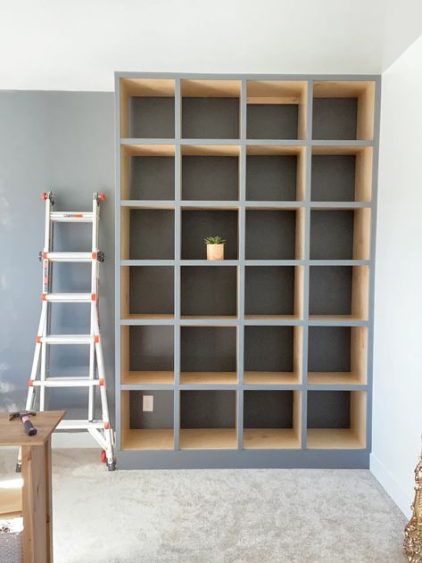 Cube Storage Library, Floor To Ceiling Cubby Storage, Floor To Ceiling Cube Storage, Built In Cubbies In Wall, Built In Cube Storage, Small Built In Bookshelves, Cube Storage Built In, Wall Cubby Decor Built Ins, Easy Built In Bookshelves