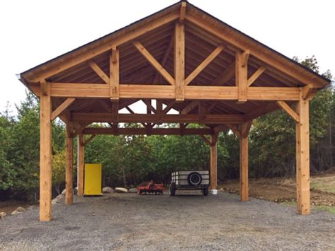 In the beautiful State of Oregon, the Bush family installed their solid Cedar wood Pavilion Kit. They are delighted with their pavilion to cover their recreational camper. It is also large enough to cover their truck, tractor and some farm equipment. Recreational vehicles, trucks, tractors and farm equipment are all big investments. Whether Country Carport Ideas, Carport Guest House, Cottage Carport, Detached Carport Ideas, Plan Carport, Diy Pavilion, Free Standing Carport, Carport Addition, Wooden Carports