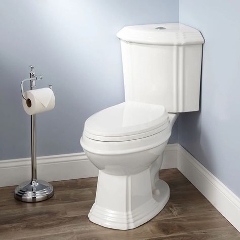 Corner Toilets | Signature Hardware Small Country Bathrooms, Klein Toilet, Classic Bathroom Design, Corner Toilet, Shiplap Bathroom, French Country Bathroom, Laundry Room Flooring, Bidet Bathroom, Dual Flush Toilet