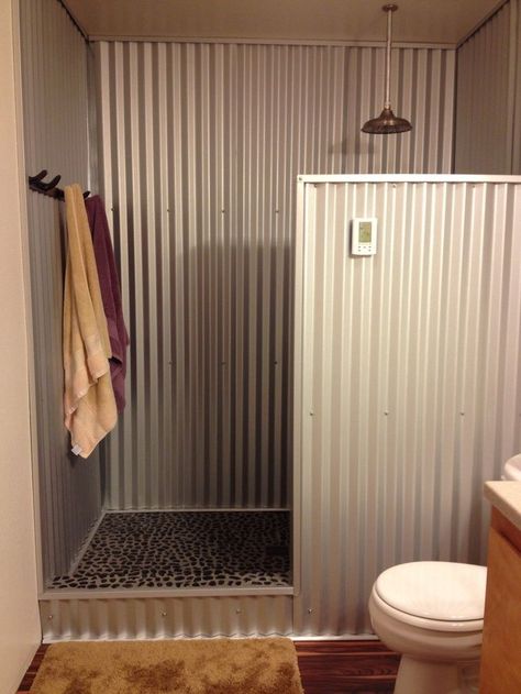 q anyone use barn tin for a shower, bathroom ideas, repurpose building materials, repurposing upcycling, Photo from Pinterest Rustic Bathrooms Ideas, Makeover Kamar Mandi, Barn Tin, Bilik Mandi, Rustic Bathroom Designs, Decor Ikea, Casa Container, Outdoor Bathrooms, Rustic Bathrooms