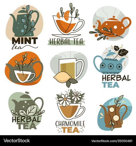 Tea Herbs, Herb Tea, Mint Tea, Chamomile Tea, Flat Style, Herbal Tea, Premium Vector, Graphic Resources, Decorative Plates