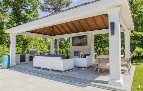 Backyard Pool Pavilion, Gazebo And Pool Backyards, Pavilion On Deck, Pool Pavilion With Outdoor Kitchen, Outdoor Pool Pavilion Ideas, Rectangle Pool With Gazebo, Pergola Patio Next To Pool, Pool Cabana With Bar Outdoor Living, Modern Backyard Pavilion