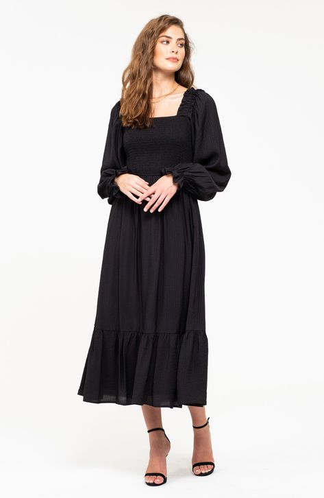 A smocked bodice adds on-trend appeal to a long-sleeve maxi with a tiered silhouette that elegantly drapes off your figure. 49" length (size Small) Square neck Long sleeves Lined 82% rayon, 18% nylon Hand wash, dry flat Imported Model stats: 5'10" height, 32" bust, 25" waist, 36" hip. Model is wearing size Small. Americana Dress, Long Sleeve Smock Dress, Target Dress, Sleeve Maxi Dress, Hem Style, Sleeve Midi Dress, Long Sleeve Maxi, Long Sleeve Midi, Long Sleeve Midi Dress