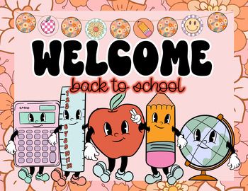 Welcome Back to School Door Decor Kit Groovy Retro Bulletin Board Ideas, Black And White Letters, Hallway Bulletin Boards, Printable Border, School Doors, Back To School Bulletin Boards, Door Kit, Welcome Back To School, Groovy Retro