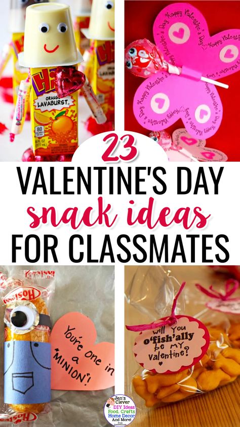 23 Valentine's Day Snack Ideas For Classmates Easy Diy Class Valentines, Easy Cute Valentines For Kids, Valentine Toddler Treats, Valentines For Kindergarteners, Snacks For Valentines Day For Kids, Healthy Classroom Valentine Snacks, Homemade Valentines For Classmates, Toddler Valentines Day Treats, Valentines To Pass Out At School