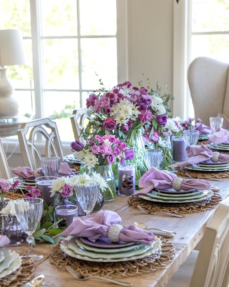 Home with Holly J | Fill in your tablescape centerpiece by nestling in small bud vases and fill them with your. leftover flowers. Then set candles, like the Dried Lavender and Oak Yankee Candles all throughout the garland. Purple Tablescape, Themed Tablescapes, Mismatched Dishes, Dining Tablescapes, Green Tablescape, Spring Table Decor, Tafel Decor, Yankee Candles, Beautiful Tablescapes