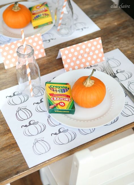 Ella Claire, Kids Coloring Placemats and Table Set Up, 20 Ways to Make Thanksgiving Extra Special via Fox Hollow Cottage Thanksgiving Decorations Table Setting, Thanksgiving Table Settings Diy, Thanksgiving Dinner Table Decorations, Thanksgiving Table Settings Simple, Thanksgiving Kids Table, Thanksgiving Dinner Party, Thanksgiving Friendsgiving, Thanksgiving Color, Thanksgiving Dinner Table