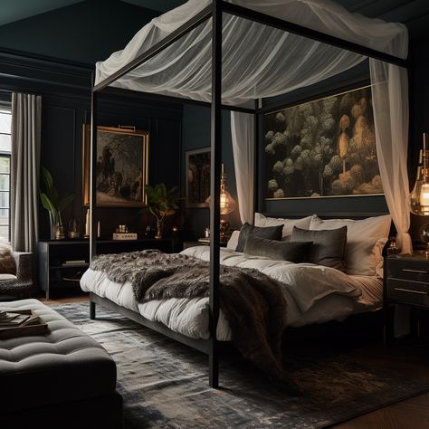 Dark Romantic Bedroom, Moody Bedroom Ideas, Simple Bed Designs, Black Bedroom Design, Black Bed Frame, Feminine Bedroom, Moody Bedroom, Wooden Bed Design, Dark Home Decor