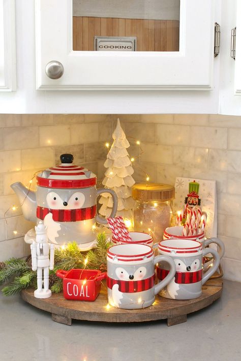 Christmas Bedroom Decor Ideas Simple, Kitchen Decorating Ideas Christmas, Christmas Decor For Small Kitchen, Christmas For Small Spaces, Christmas Hot Chocolate Bar Kitchen, Christmas Countertop Decor Kitchen, Kitchen Bar Christmas Decor, Decorate Top Of Entertainment Center, Kitchen Counter Christmas Decor