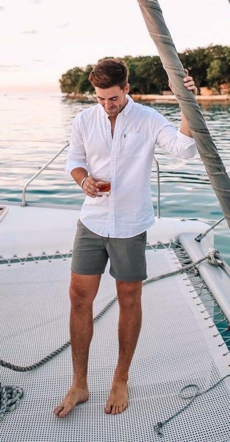 Mens Shorts Wedding Outfit, Men’s White Shirt Outfit, Shorts And Shirts For Men, Yachting Outfits Men, Summer Look For Men, Mens Dress Shorts Outfits, Shorts Wedding Outfit Men, Yacht Poses Men, Mens Yacht Outfit