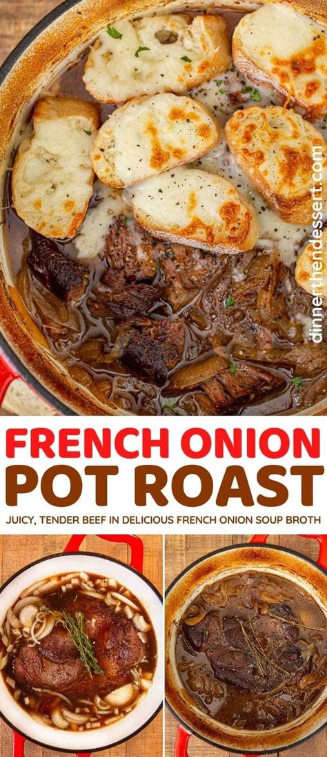 French Onion Pot Roast is an all-in-one dinner with tender chuck roast cooked in a rich French onion soup broth. French Onion Pot Roast, Savory Pot Roast, Tender Chuck Roast, Chuck Roast Recipes, Pot Roast Recipe, Soup Broth, Roast Recipe, Pot Roast Recipes, Chuck Roast