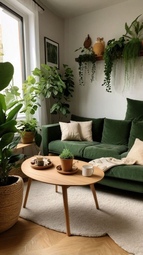 Green And Brown Mood Board Aesthetic, Green Couch Green Wall Living Room, Wood And Plants Living Room, Home Decor Green Accents, Midcentury Modern Living Room Green, Green And Bronze Living Room, Green And Wood Colour Palette, Green Forest Living Room, Earth Tone Apartment Living Room