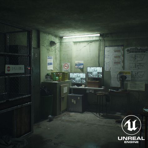 Surveillance room, Neel Parekh on ArtStation at https://www.artstation.com/artwork/9mLl8q Surveillance Room, Basement Aesthetic, Creepy Basement, Guard Room, Security Room, 3d Cinema, Set Dressing, Environment Design, Unreal Engine