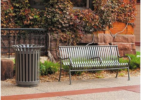 Trash Receptacles that can be quick shipped to your location to keep LITTER OFF THE GROUND. Overstuffed trash cans actually generate more litter. We need to keep that trash out of our drains and waterways. #trashreceptacles #green #anti-litter Park Trash Can, Park Bench Design, Park Amenities, Recycle Bins, Park Benches, Trash Containers, Public Seating, Recycling Center, Metal Bench