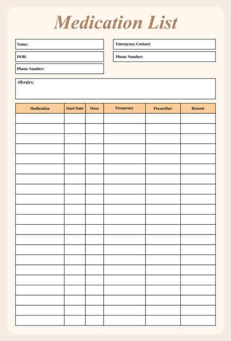 Medications List Printable, Med Chart Printable, Med List Printable, Medication List Template, Medicine List Printable, Printable Medication List, Medication Reminder Ideas, Medication Chart Printable Free, Medication List Template Free Printable