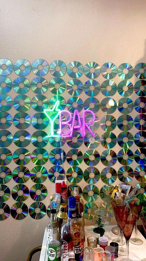 Bar Cart Decoration, 2000s Party Theme, College Apartment Ideas, 2000s Theme Party, Y2k Birthday Party, 00s Party, 2000s Theme, Disco Theme Party, 2000s Party