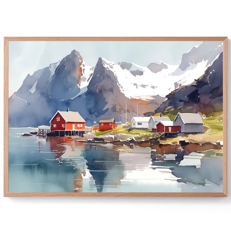 Lofoten Islands, Norway High quality print from original watercolor painting To see more paintings, please visit my shop: www.etsy.com/shop/PaintingsDanArt - Giclee print on acid-free archival paper - Printed from original watercolor painting - Multiple sizes to choose from - Frame is not included. The print is not framed! Museum-quality posters made on thick and durable matte paper. Add a wonderful accent to your room, nursery and office with these posters that are sure to brighten any environm Norway Watercolor, Norway Painting, Norway Landscape, Panoramic Landscape, Mountain Artwork, Lofoten Islands, Watercolor Mountains, Cottage Art, Nature Art Painting