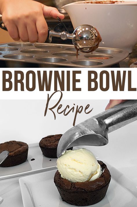 How to make brownie bowl recipe #brownies #browniebowls Brownie Cups With Ice Cream, Brownie Bowls How To Make, Diy Brownie Bowls, How To Serve Brownies, Fancy Brownie Plating, Brownie Cup Recipes, Brownie Bowls For Ice Cream, Brownie Ice Cream Cups, Iced Brownies