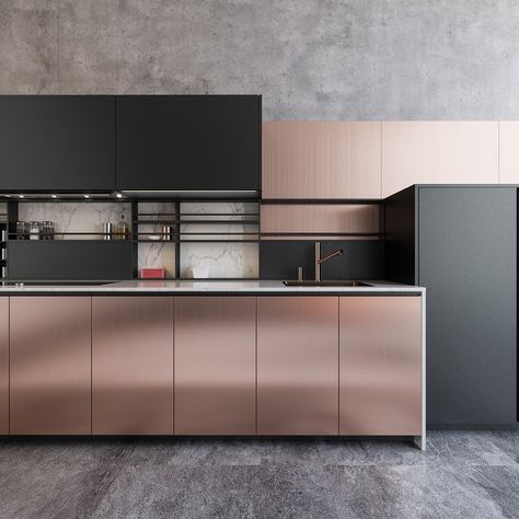 36 Copper Kitchens With Images, Tips And Accessories To Help You Design Yours Copper Kitchen Sink Farmhouse, Copper Kitchen Accessories, Kitchen Design Images, Black Kitchen Decor, Rose Gold Kitchen, Black Kitchen Island, Interior Minimalista, Classic Kitchen, Gold Kitchen